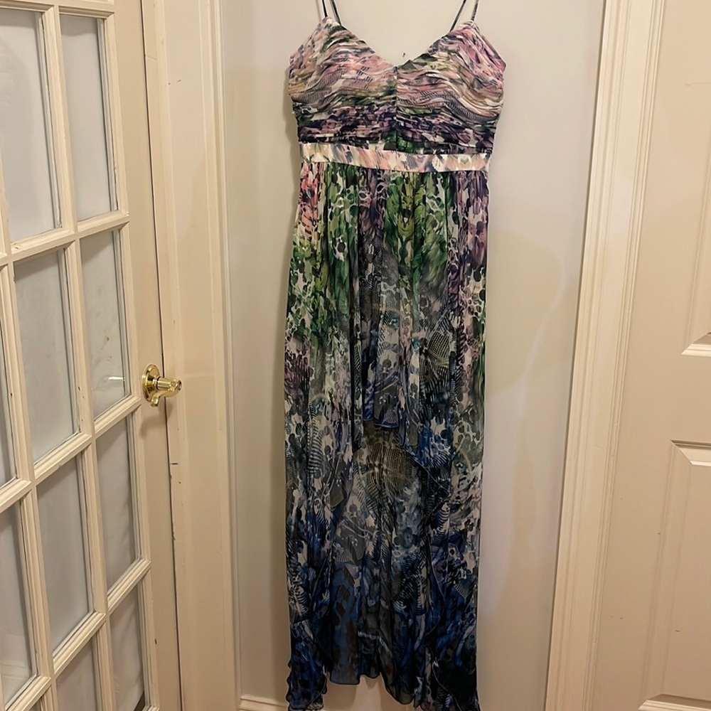 Aidan floral jungle print high low spaghetti strap dress. Size 6